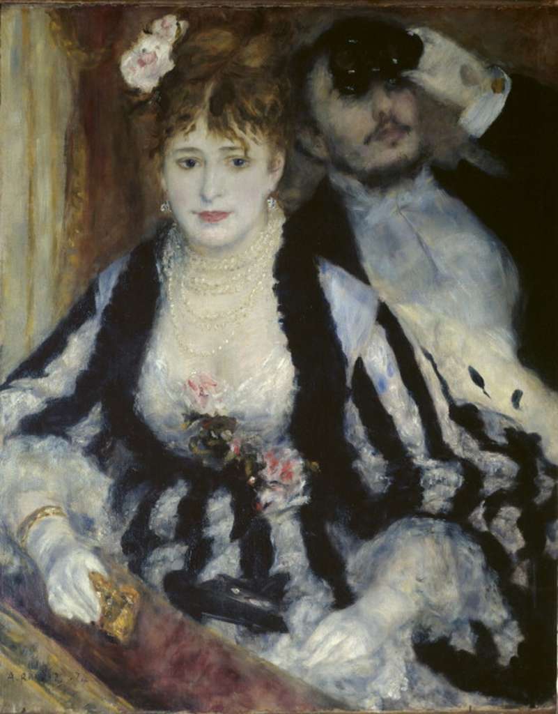 Courtauld 04 Pierre Auguste Renoir - La Loge 4. Pierre Auguste Renoir - La Loge. 1874, 80 x 64 cm. Renoir makes a play on the contrast between the poses of the two figures: the woman looks out with a half smile on her face and her opera glasses beside her, in her hand, as if to receive the gaze of other members of the audience. Her male companion looks through his opera glasses out from the box and upwards, and thus implicitly at another box, not down at the stage.